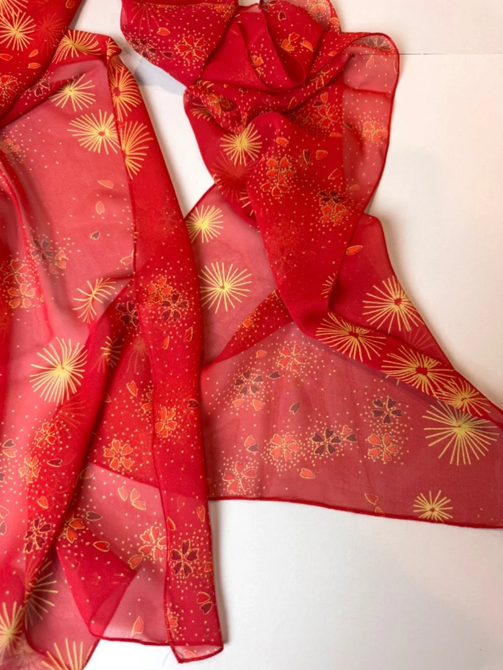 HARARI 100% Silk Chiffon Scarf Red Burst Floral Print Made in USA